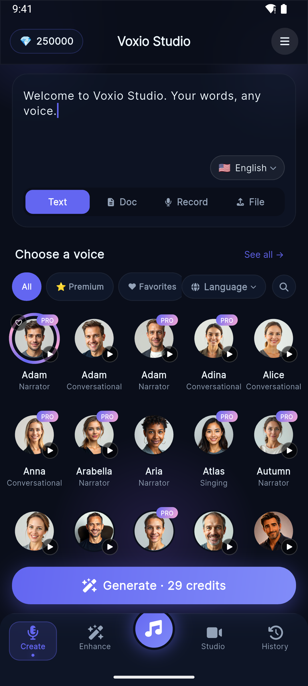 Voxio Studio app โ Create screen